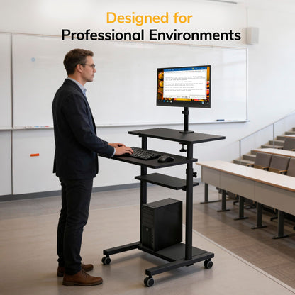 Mobile Stand Up Desk Adjustable Height Rolling Workstation with Monitor Arm Presentation Cart Computer Desk