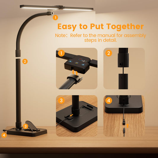 LED Desk Lamp 24W Remote Control Dimmable Clamp Gooseneck Dual Head Adjustable Office Task Light