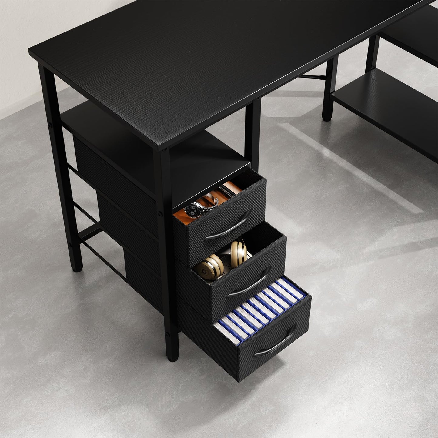 L Shaped Gaming Desk with Power Outlets Storage Drawers Shelves Corner Home Office Computer Desk