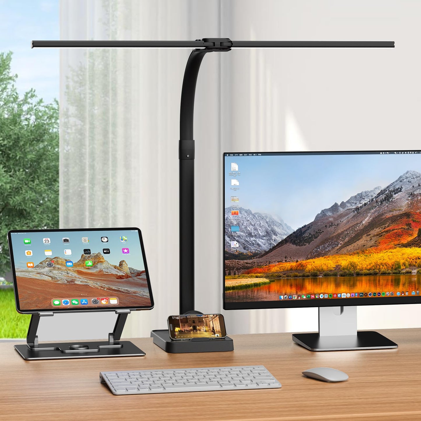 LED Desk Lamp 24W Remote Control Dimmable Clamp Gooseneck Dual Head Adjustable Office Task Light