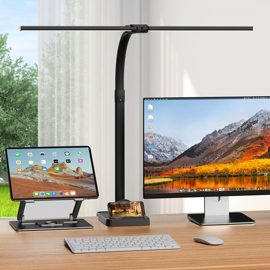 LED Desk Lamp 24W Remote Control Dimmable Clamp Gooseneck Dual Head Adjustable Office Task Light