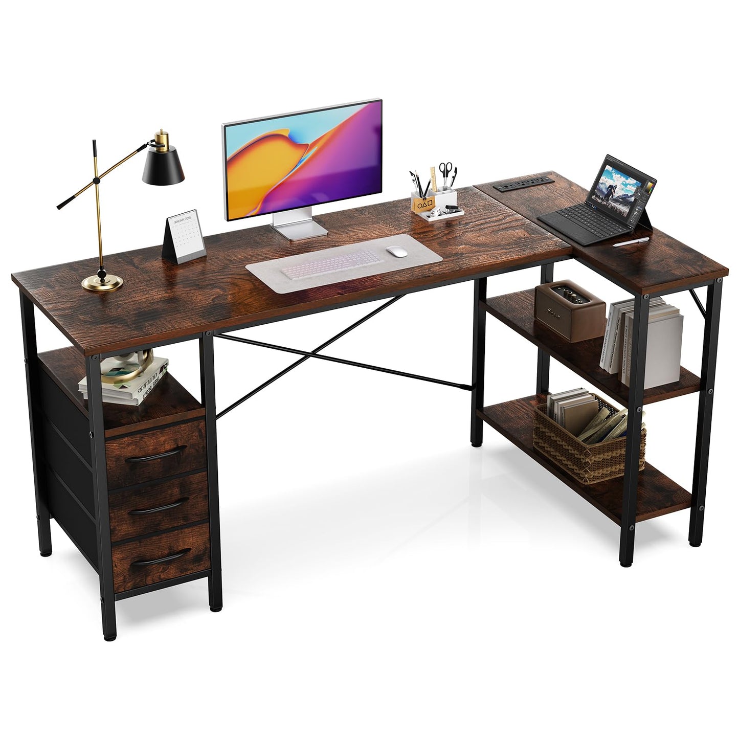 L Shaped Gaming Desk with Power Outlets Storage Drawers Shelves Corner Home Office Computer Desk