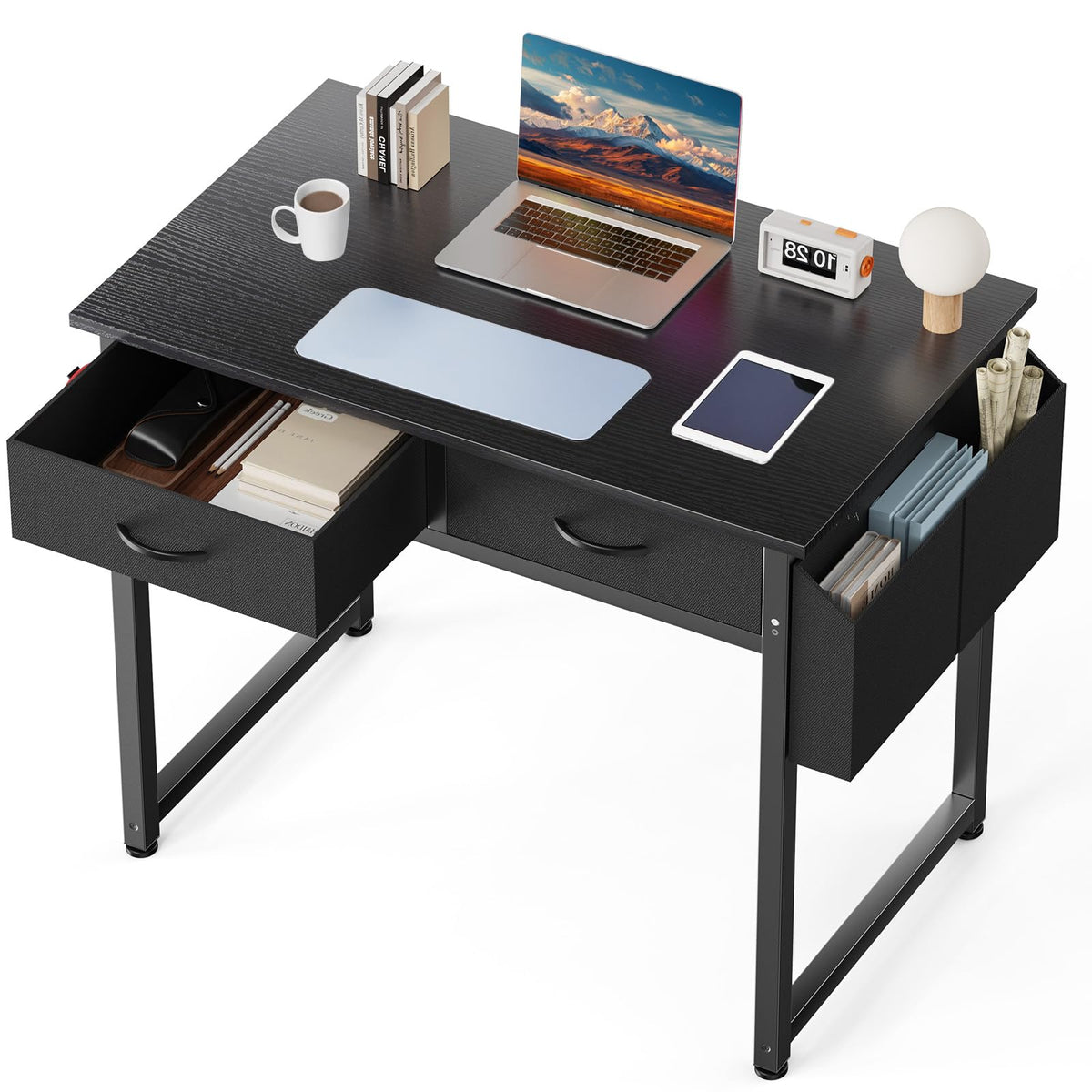 Small Computer Desk with Drawers Storage Bag Headphone Hook Adjustable Feet Home Office Study Gaming Desk