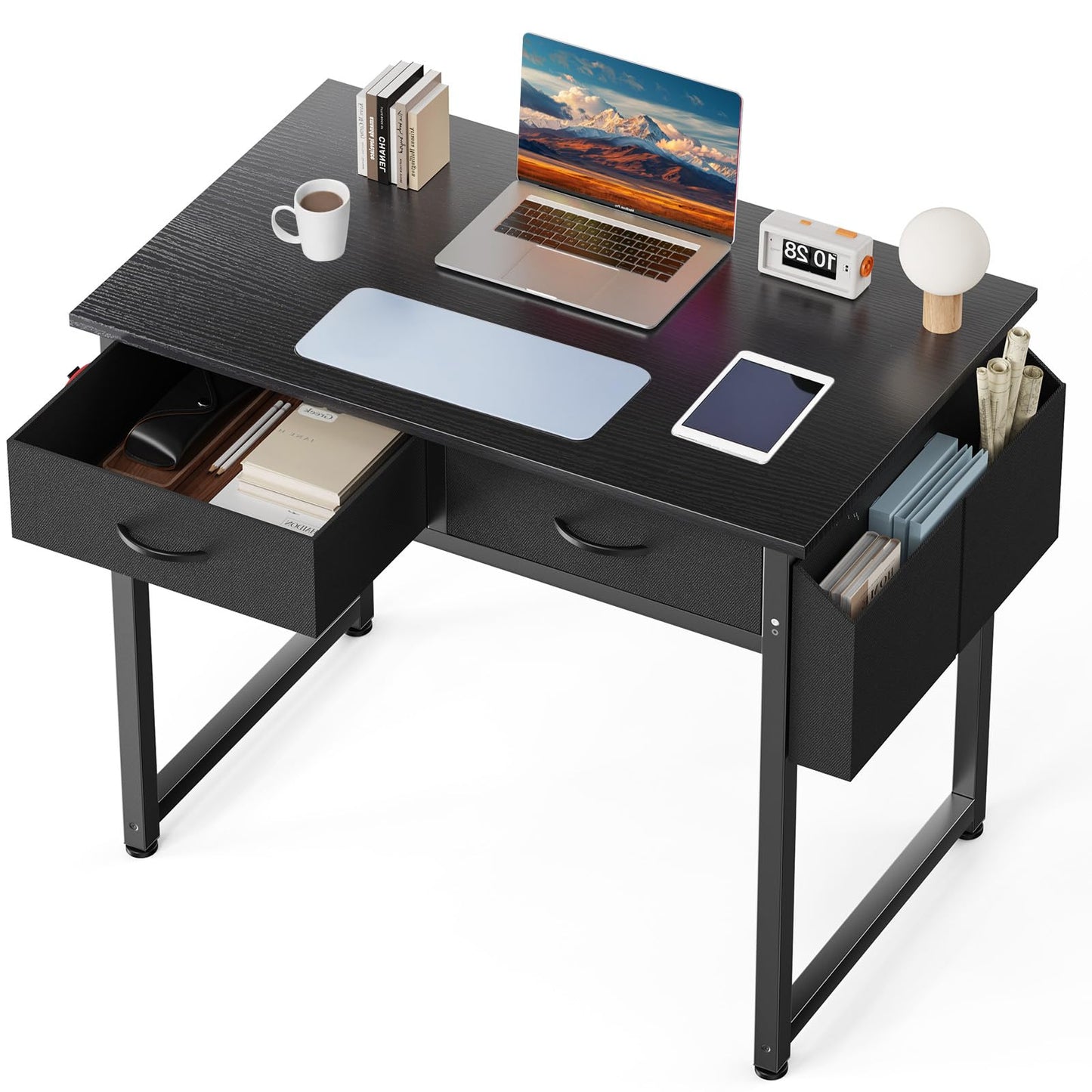Small Computer Desk with Drawers Storage Bag Headphone Hook Adjustable Feet Home Office Study Gaming Desk