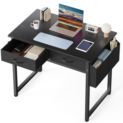 Small Computer Desk with Drawers Storage Bag Headphone Hook Adjustable Feet Home Office Study Gaming Desk