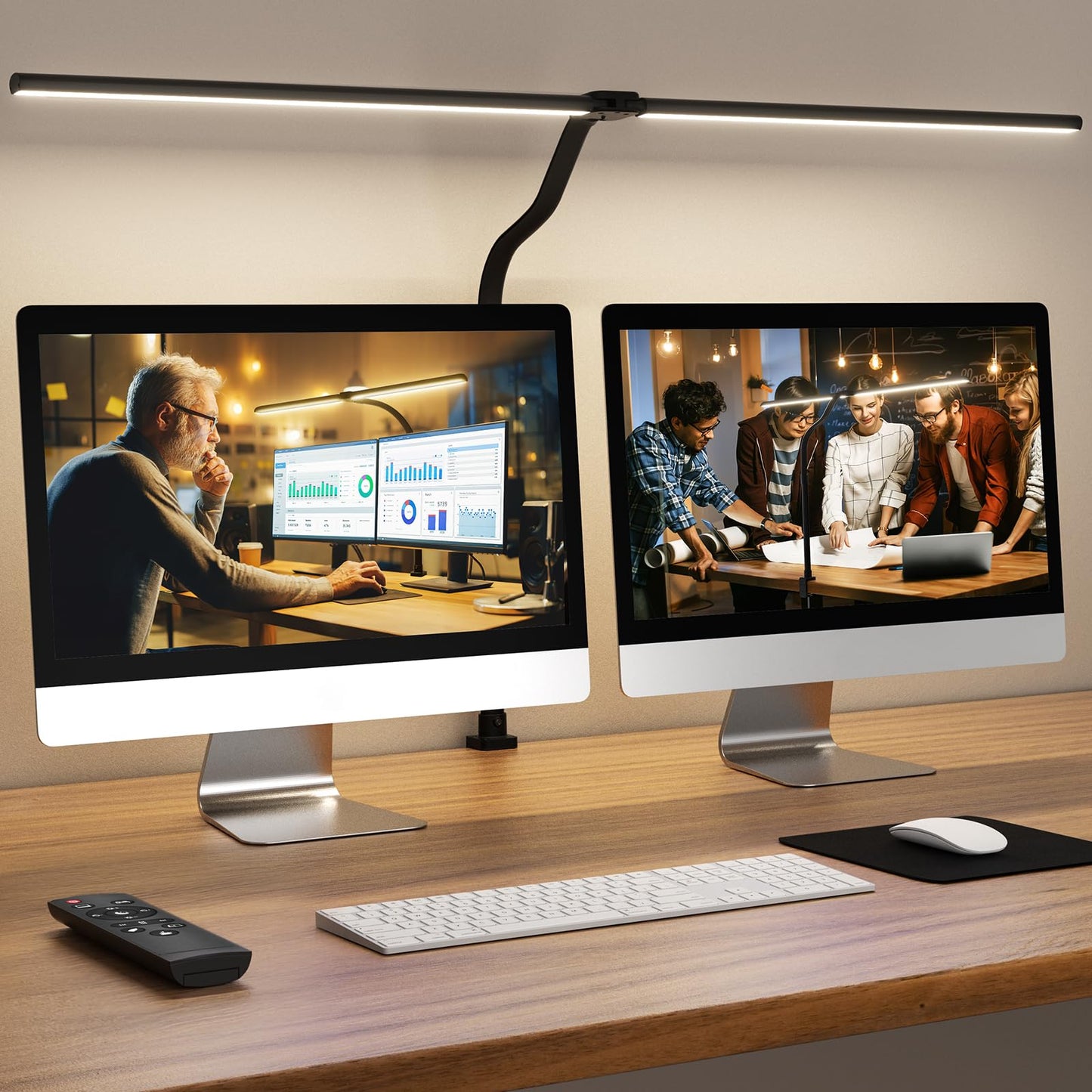 LED Desk Lamp 24W Remote Control Dimmable Clamp Gooseneck Dual Head Adjustable Office Task Light