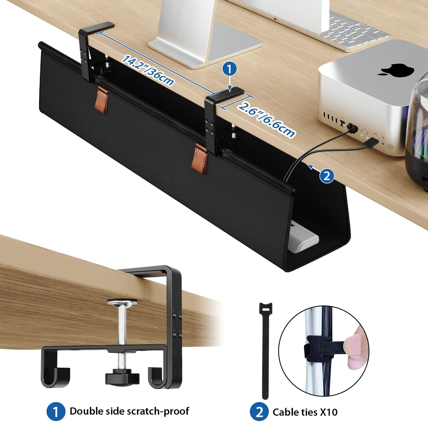 Under Desk Cable Management Tray Fabric Cord Organizer Clamp or Screw Mount No Drill Wire Management Home Office
