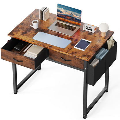 Small Computer Desk with Drawers Storage Bag Headphone Hook Adjustable Feet Home Office Study Gaming Desk