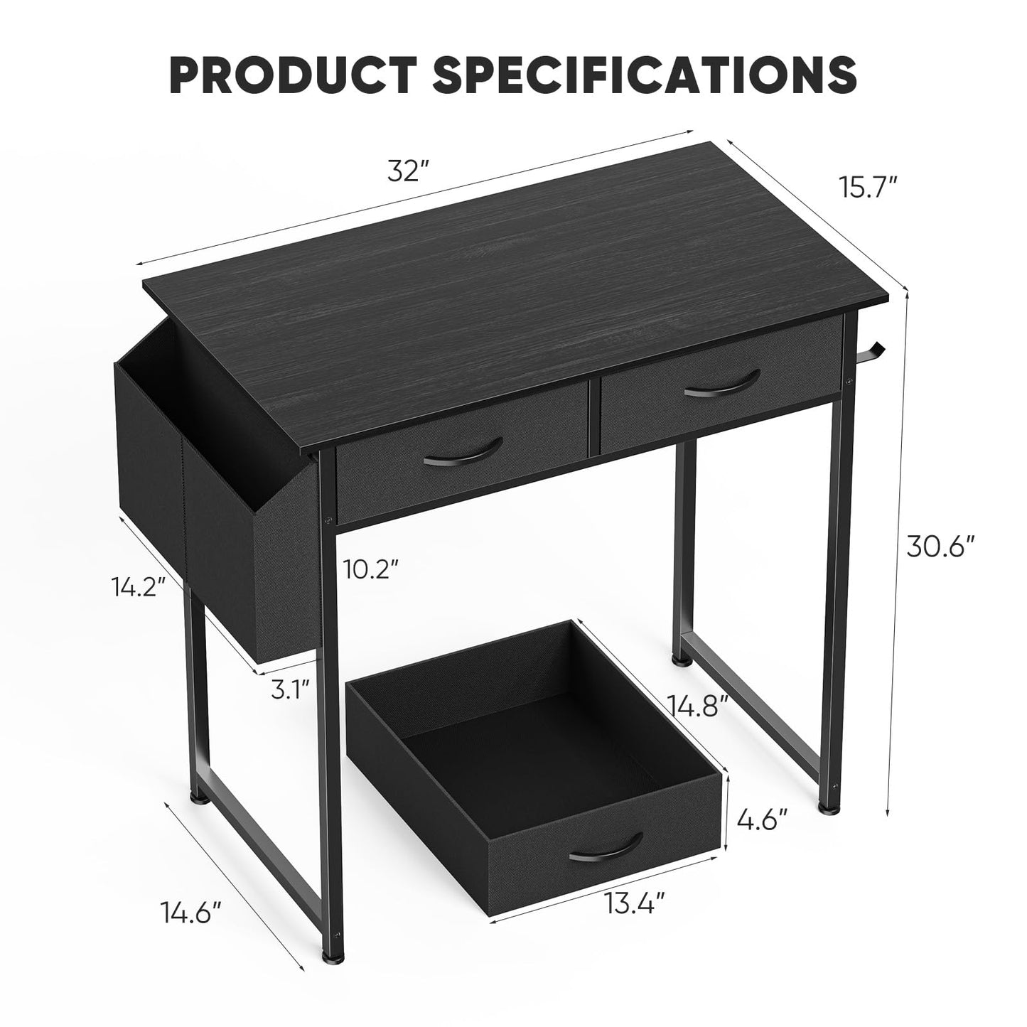 Small Computer Desk with Drawers Storage Bag Headphone Hook Adjustable Feet Home Office Study Gaming Desk