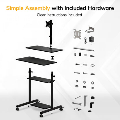 Mobile Stand Up Desk Adjustable Height Rolling Workstation with Monitor Arm Presentation Cart Computer Desk
