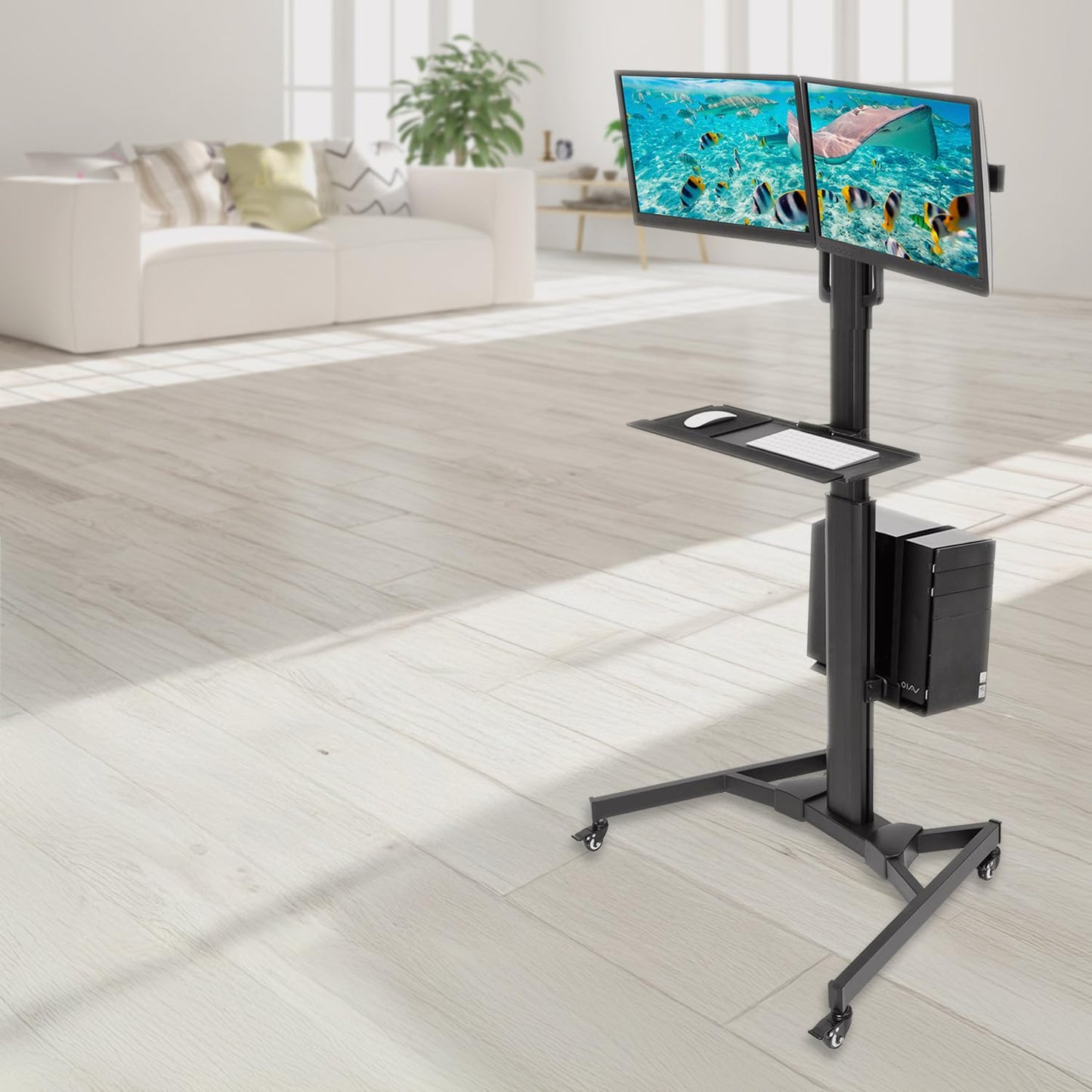 Adjustable Mobile PC Workstation Single Dual Monitor Standing Cart Keyboard Tray CPU Holder Rolling Computer Desk 13–32 Inch Monitor Support