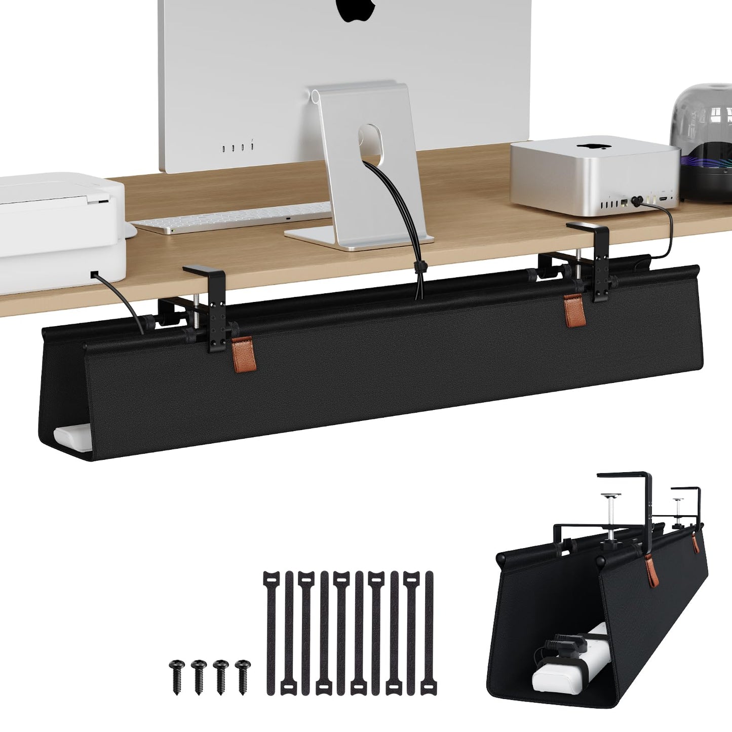Under Desk Cable Management Tray Fabric Cord Organizer Clamp or Screw Mount No Drill Wire Management Home Office