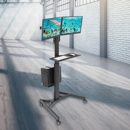 Adjustable Mobile PC Workstation Single Dual Monitor Standing Cart Keyboard Tray CPU Holder Rolling Computer Desk 13–32 Inch Monitor Support