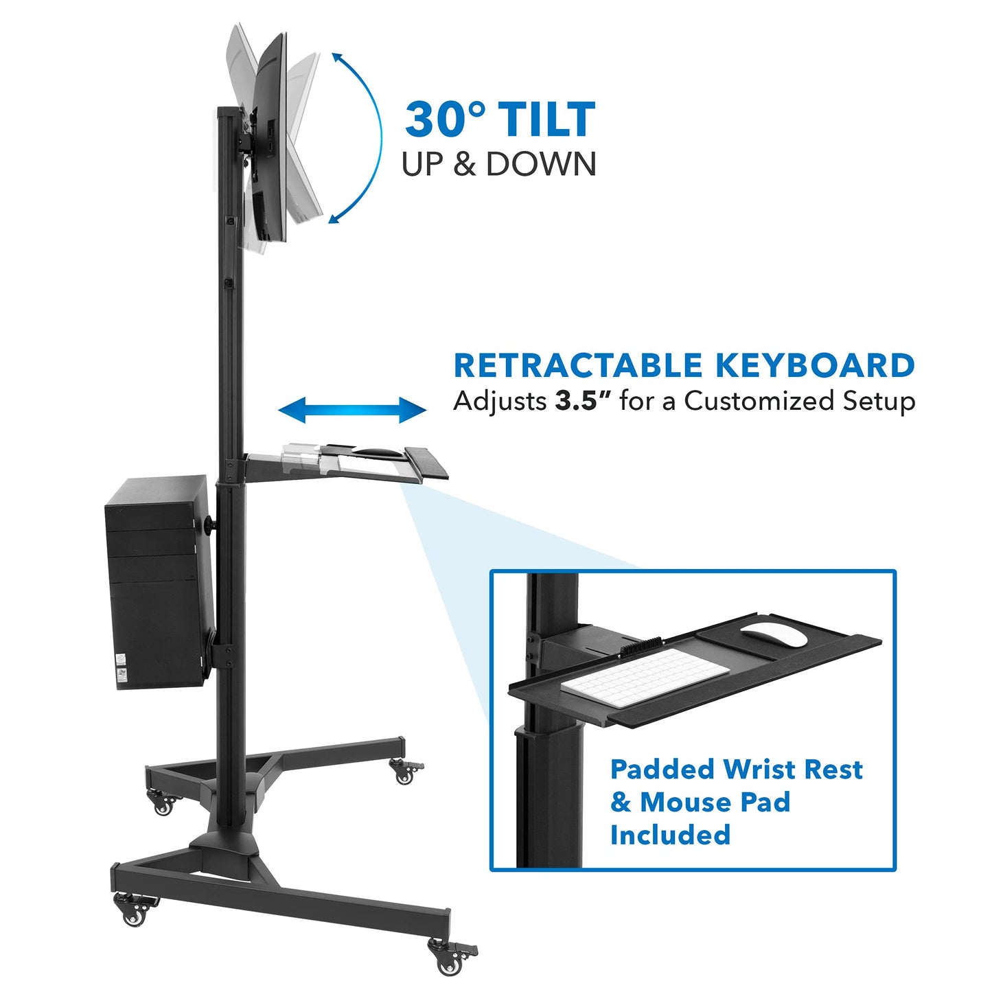 Adjustable Mobile PC Workstation Single Dual Monitor Standing Cart Keyboard Tray CPU Holder Rolling Computer Desk 13–32 Inch Monitor Support
