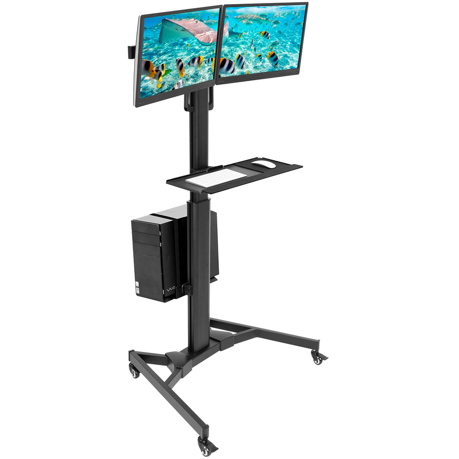 Adjustable Mobile PC Workstation Single Dual Monitor Standing Cart Keyboard Tray CPU Holder Rolling Computer Desk 13–32 Inch Monitor Support