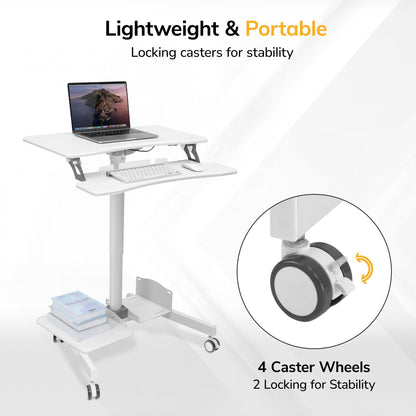 Height Adjustable Mobile Computer Cart Rolling Workstation with Keyboard Tray Storage Shelves Locking Wheels Office Classroom Home Stand