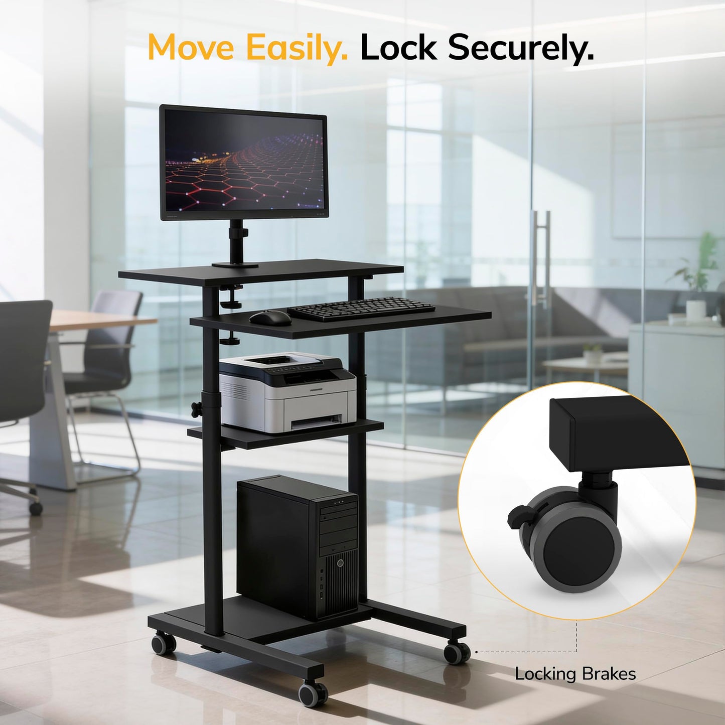 Mobile Stand Up Desk Adjustable Height Rolling Workstation with Monitor Arm Presentation Cart Computer Desk