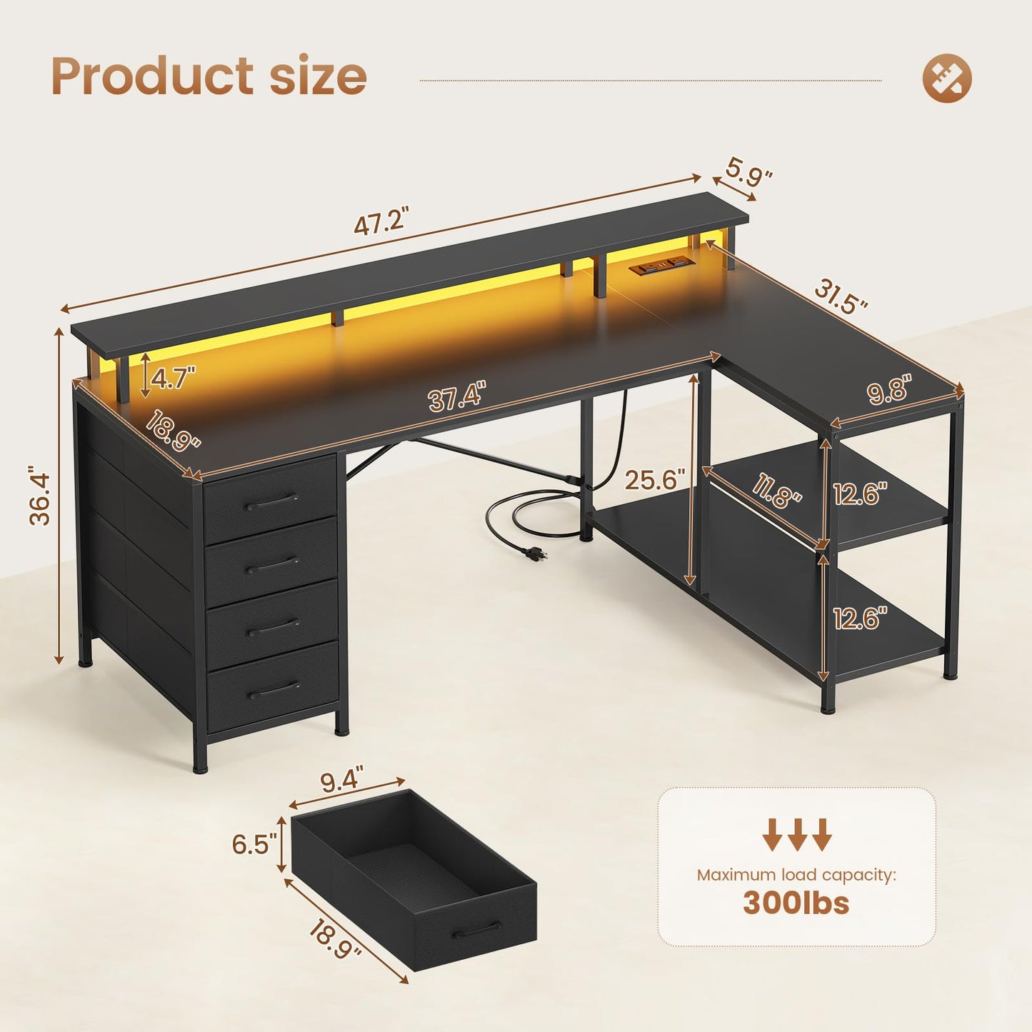 L Shaped Gaming Desk with Storage Drawers LED Lights Power Outlets Corner Home Office Desk Shelves