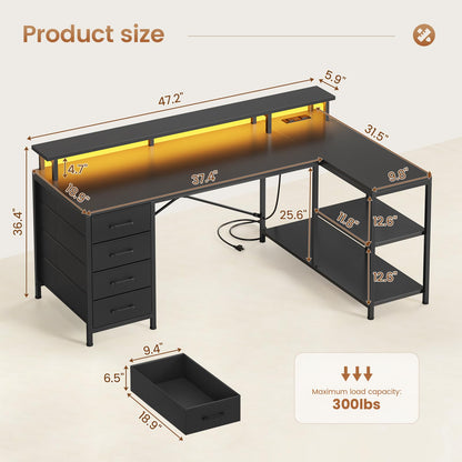 L Shaped Gaming Desk with Storage Drawers LED Lights Power Outlets Corner Home Office Desk Shelves