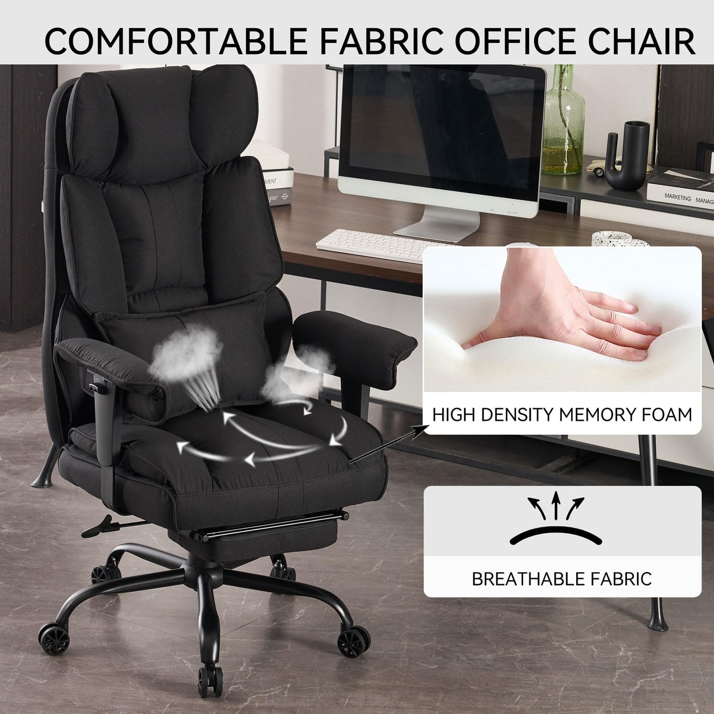 Big and Tall High Back Executive Office Chair with Footrest 400lb Capacity Fabric Ergonomic Computer Chair