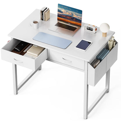 Small Computer Desk with Drawers Storage Bag Headphone Hook Adjustable Feet Home Office Study Gaming Desk
