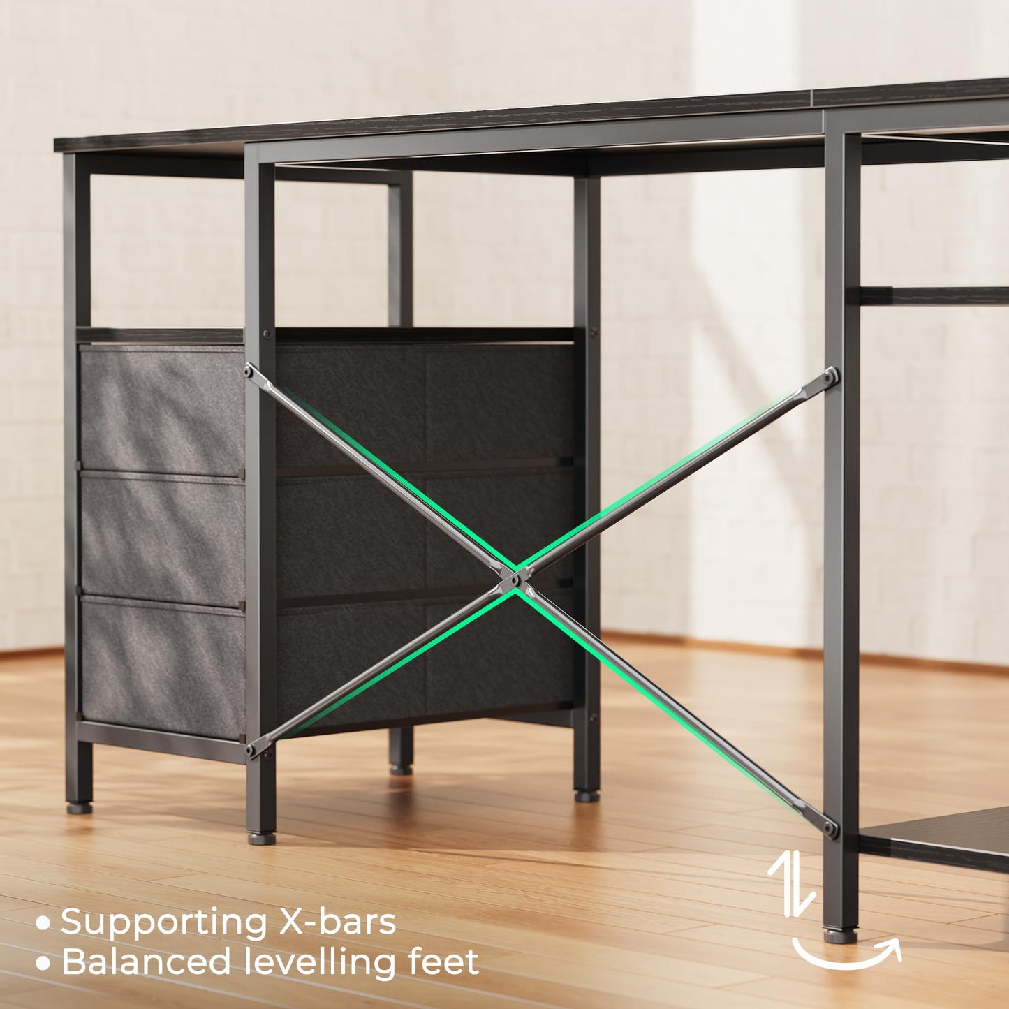 L Shaped Corner Desk with Power Outlets Drawer Shelf Reversible Home Office Computer Desk