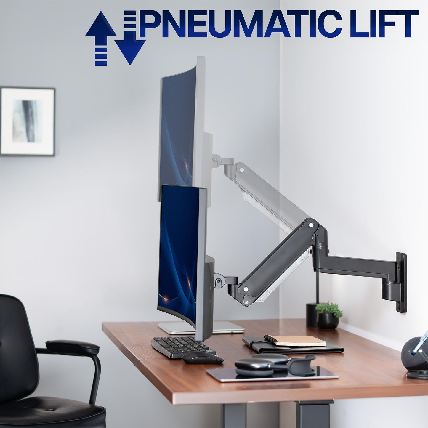 Premium Aluminum Heavy Duty Monitor Arm Ultrawide Screen Wall Mount Pneumatic Height Adjustable Single Arm VESA 100x100 Support