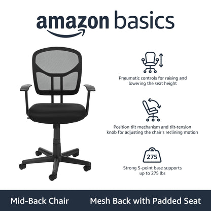 Mid Back Mesh Office Chair with Armrests Lumbar Support Adjustable Swivel Height