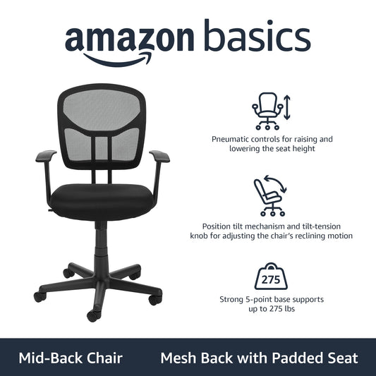 Mid Back Mesh Office Chair with Armrests Lumbar Support Adjustable Swivel Height