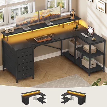 L Shaped Gaming Desk with Storage Drawers LED Lights Power Outlets Corner Home Office Desk Shelves