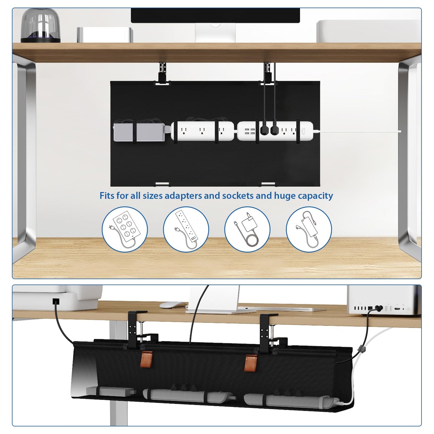 Under Desk Cable Management Tray Fabric Cord Organizer Clamp or Screw Mount No Drill Wire Management Home Office
