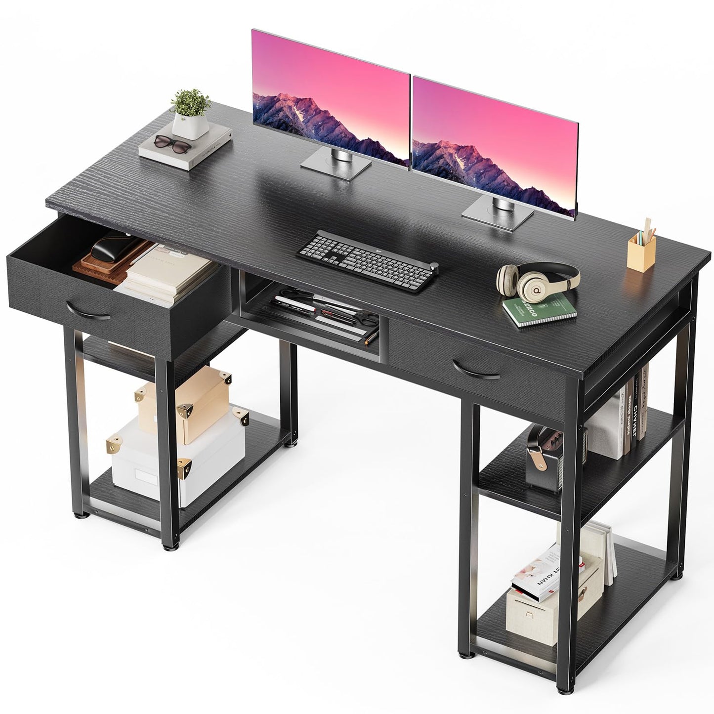 Small Computer Desk with Drawers Storage Bag Headphone Hook Adjustable Feet Home Office Study Gaming Desk