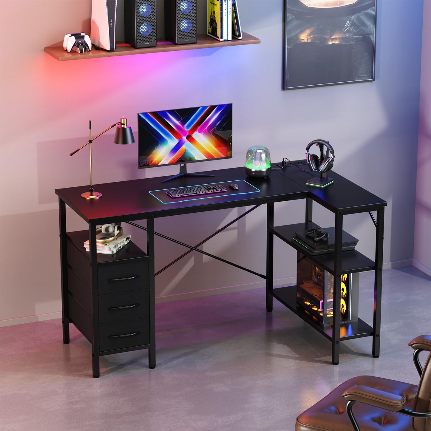 L Shaped Gaming Desk with Power Outlets Storage Drawers Shelves Corner Home Office Computer Desk