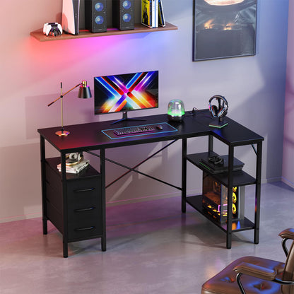L Shaped Gaming Desk with Power Outlets Storage Drawers Shelves Corner Home Office Computer Desk