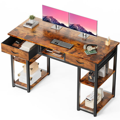 Small Computer Desk with Drawers Storage Bag Headphone Hook Adjustable Feet Home Office Study Gaming Desk