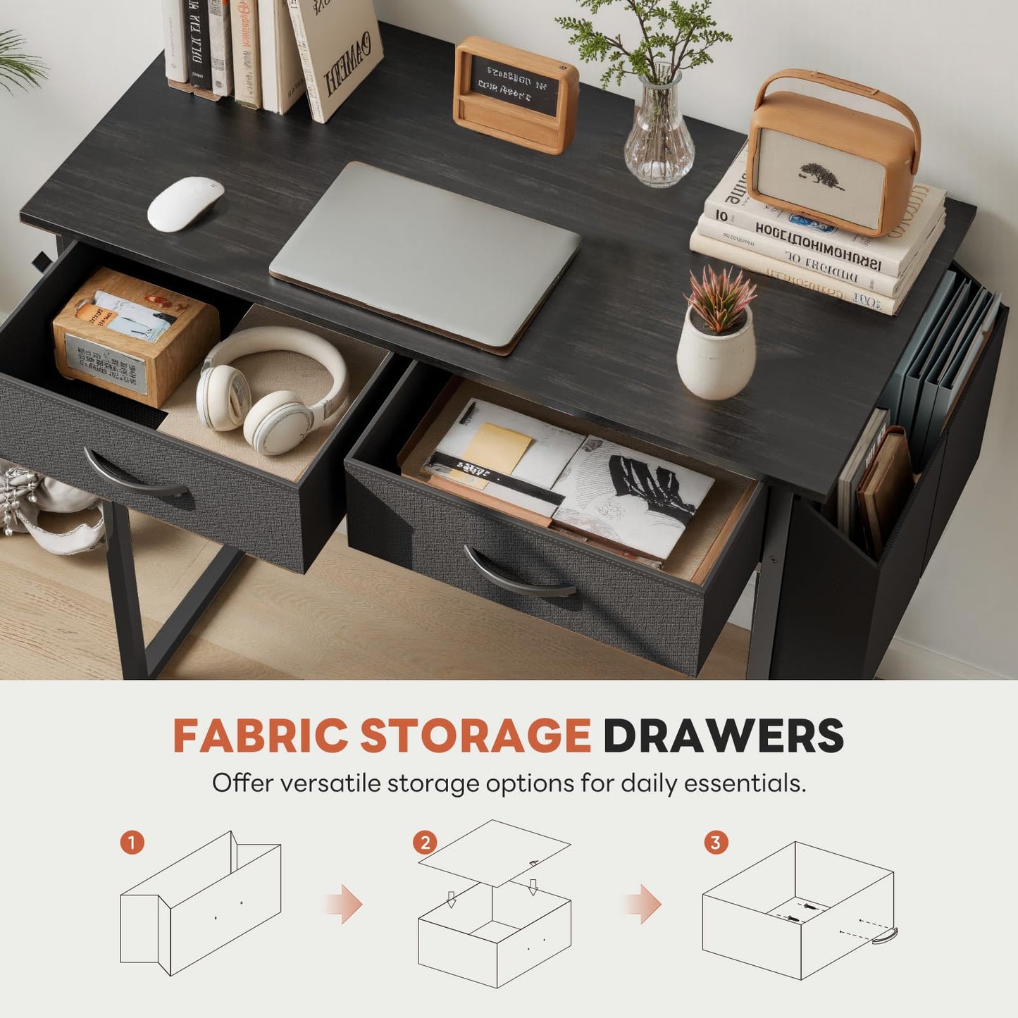 Small Computer Desk with Drawers Storage Bag Headphone Hook Adjustable Feet Home Office Study Gaming Desk