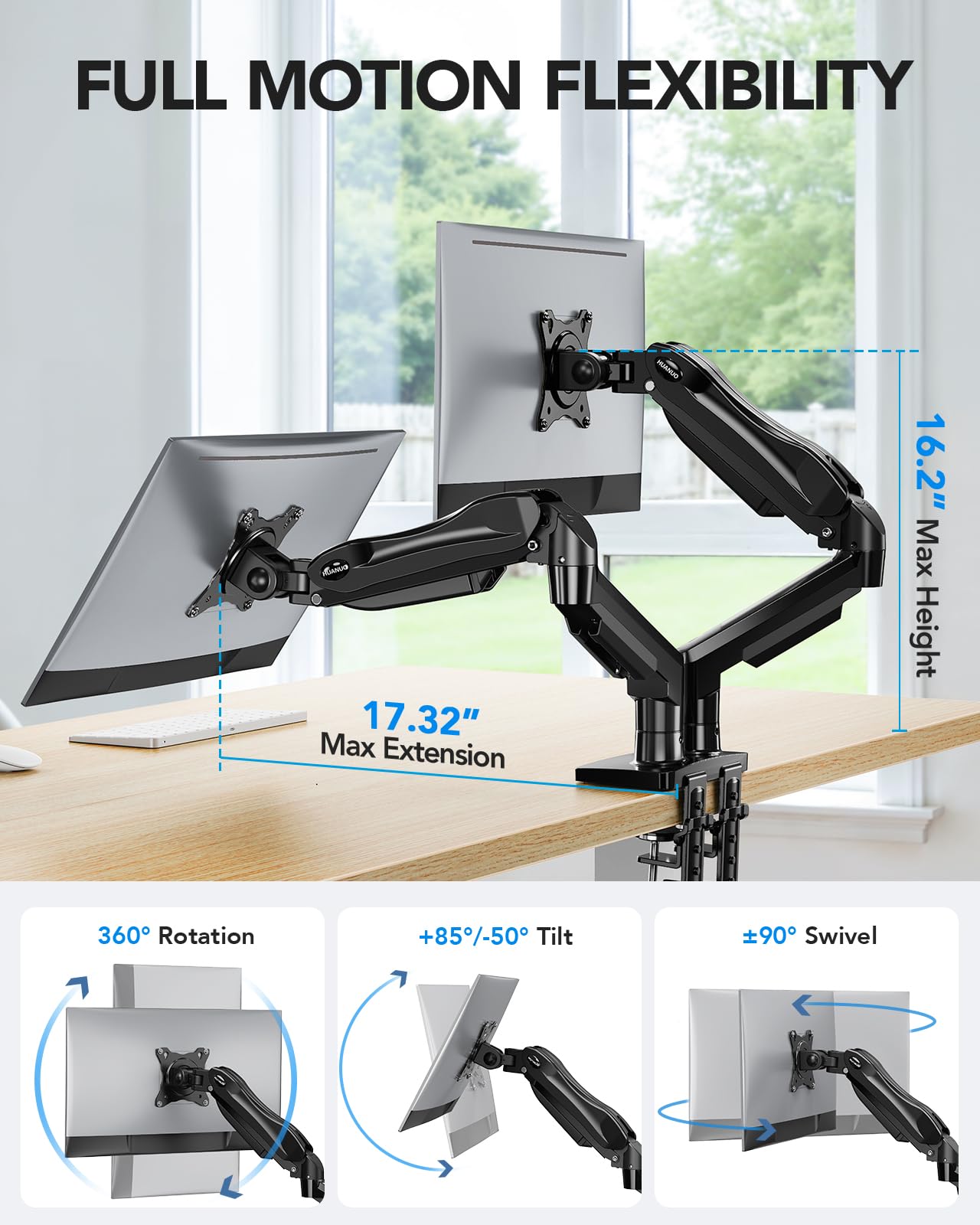 Dual Monitor Desk Mount Fully Adjustable Swivel VESA C Clamp Grommet Base 13–32 Inch Screen Support Stand