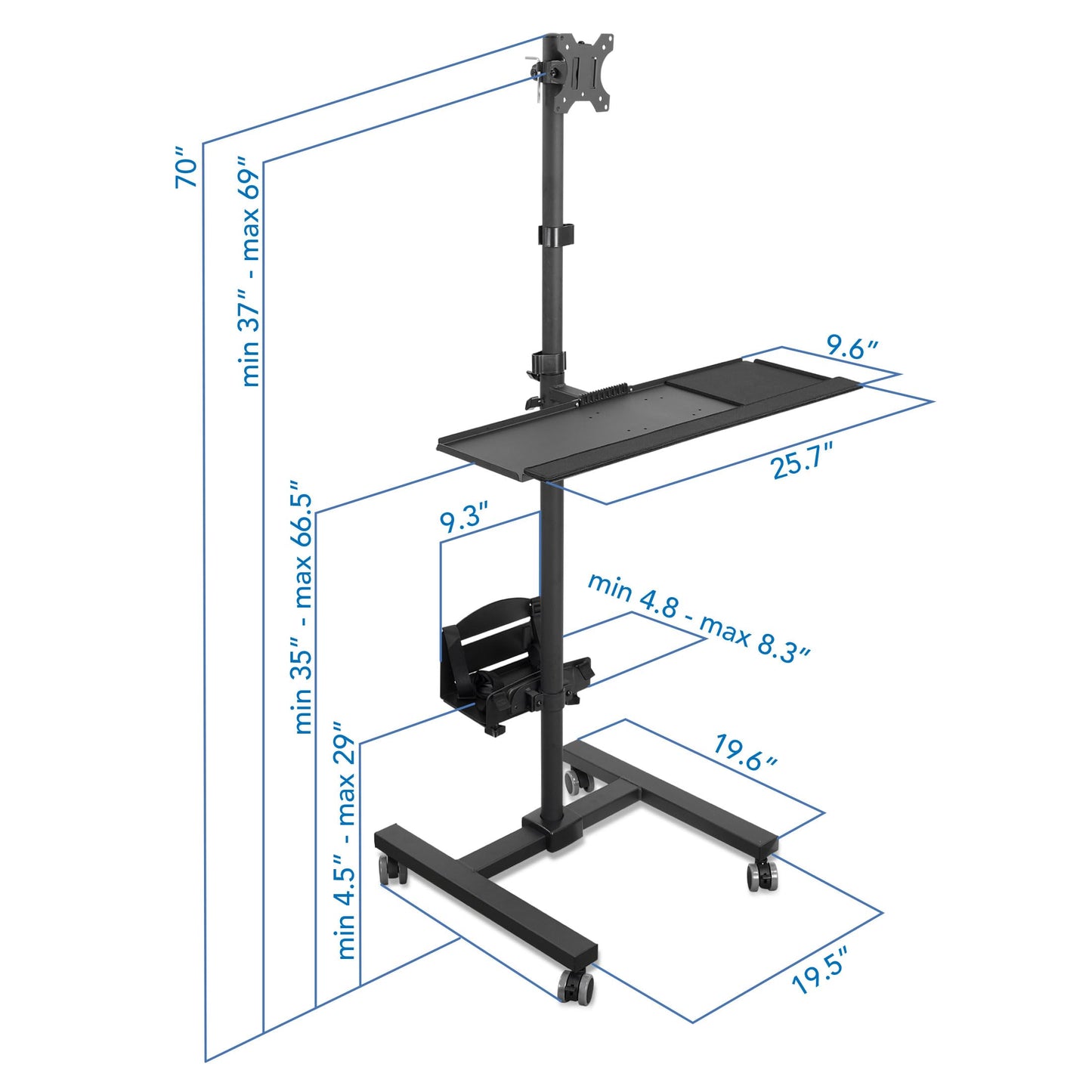 Rolling Mobile Computer Cart Adjustable Monitor Mount Keyboard Tray CPU Holder Standing Workstation Up to 32 Inch Screen