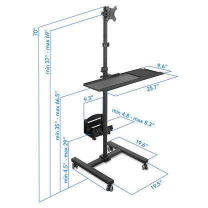 Rolling Mobile Computer Cart Adjustable Monitor Mount Keyboard Tray CPU Holder Standing Workstation Up to 32 Inch Screen