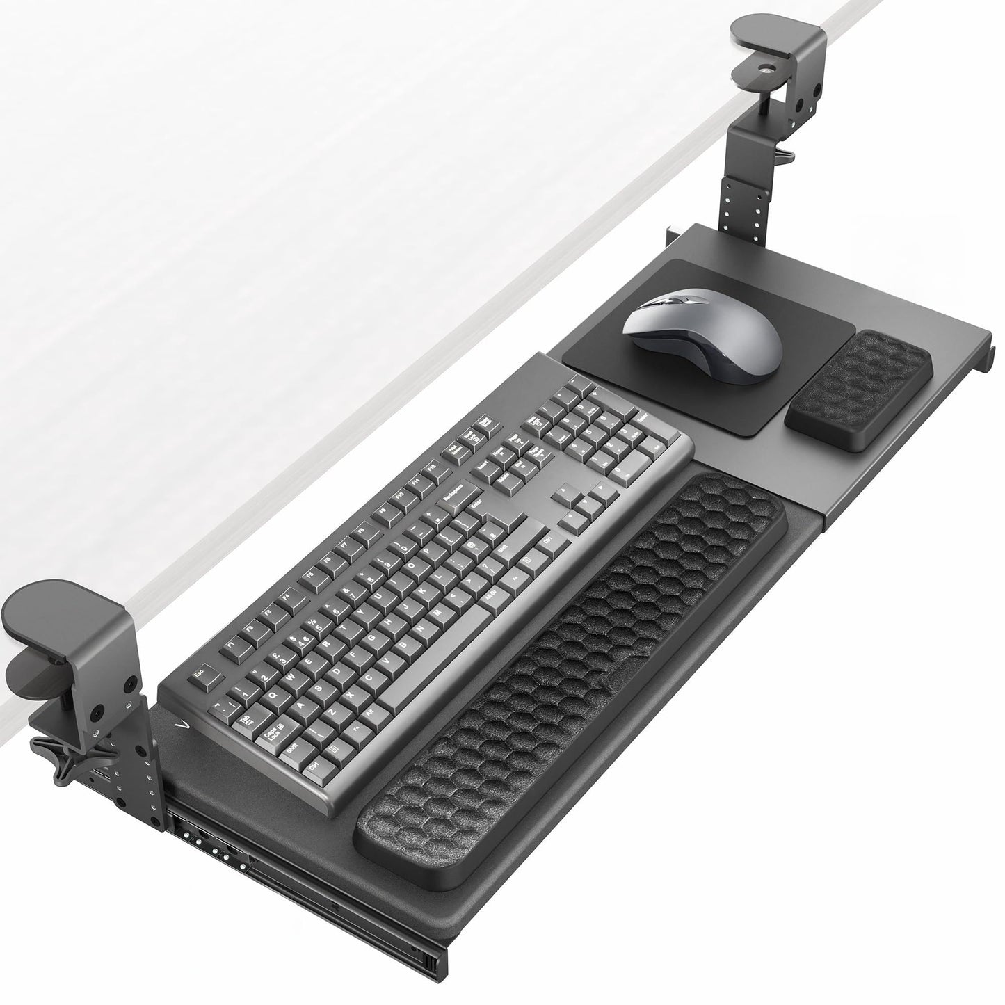 Large Under Desk Adjustable Keyboard Tray C-Clamp Slide Out Ergonomic Platform 27x11 Inch Mouse Typing Drawer Workstation