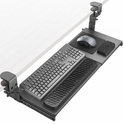 Large Under Desk Adjustable Keyboard Tray C-Clamp Slide Out Ergonomic Platform 27x11 Inch Mouse Typing Drawer Workstation