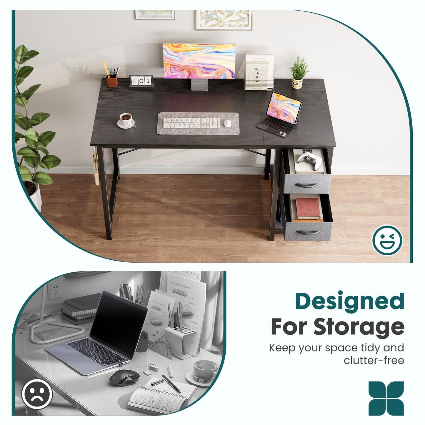 Sweetcrispy 40/47 Inch Computer Desk with Drawers for Home Office
