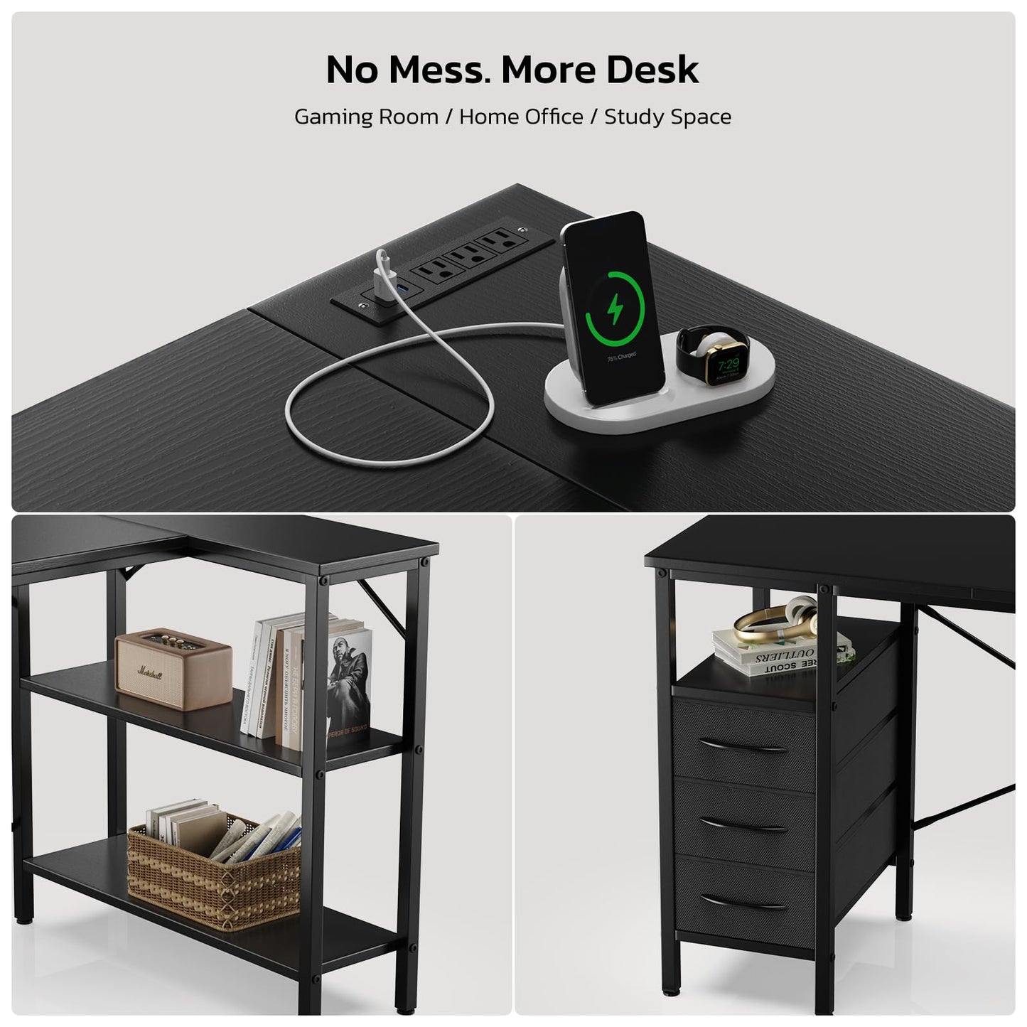 L Shaped Gaming Desk with Power Outlets Storage Drawers Shelves Corner Home Office Computer Desk