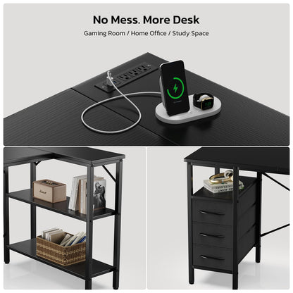 L Shaped Gaming Desk with Power Outlets Storage Drawers Shelves Corner Home Office Computer Desk