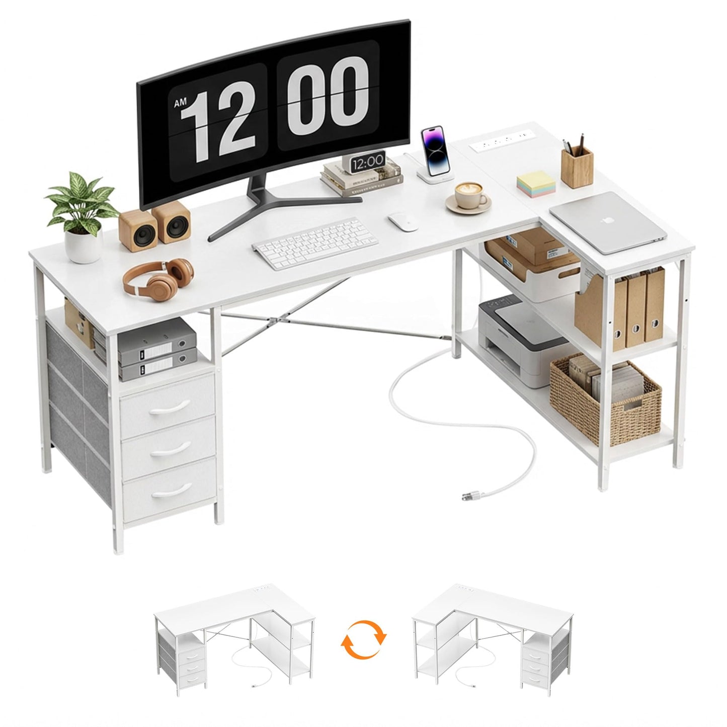 L Shaped Gaming Desk with Shelves Reversible Storage Corner Computer Desk for Gaming Study Writing Home Office