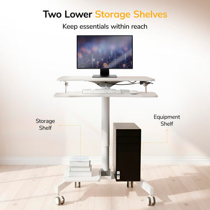 Height Adjustable Mobile Computer Cart Rolling Workstation with Keyboard Tray Storage Shelves Locking Wheels Office Classroom Home Stand