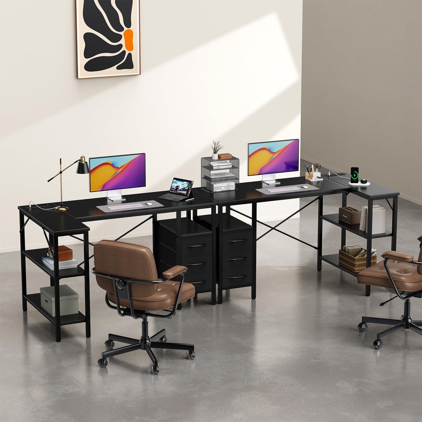 L Shaped Gaming Desk with Power Outlets Storage Drawers Shelves Corner Home Office Computer Desk