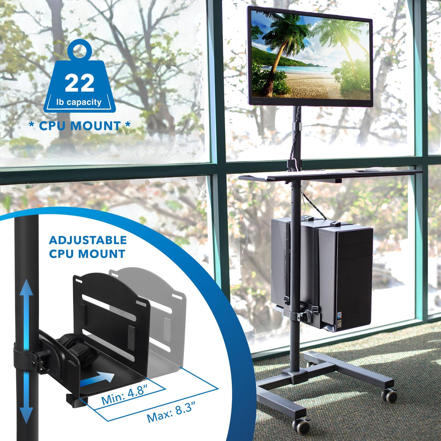 Rolling Mobile Computer Cart Adjustable Monitor Mount Keyboard Tray CPU Holder Standing Workstation Up to 32 Inch Screen