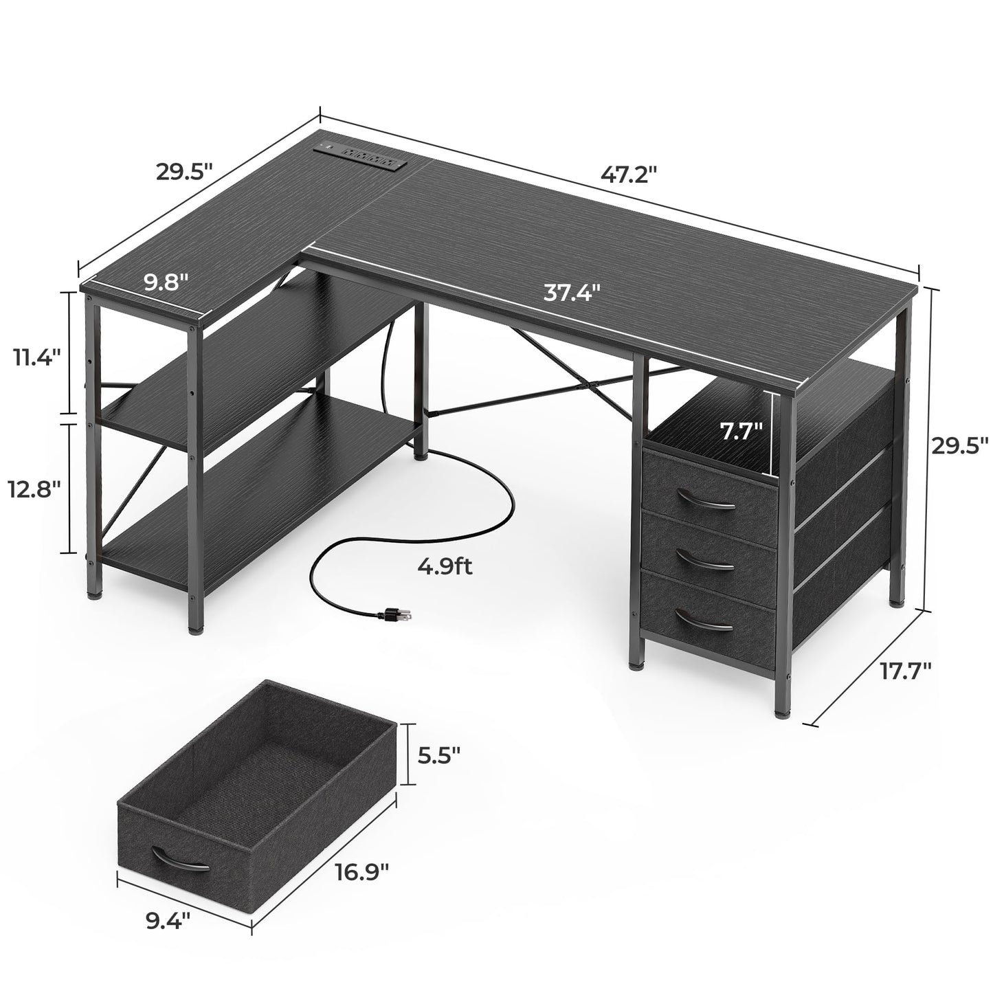 L Shaped Corner Desk with Power Outlets Drawer Shelf Reversible Home Office Computer Desk