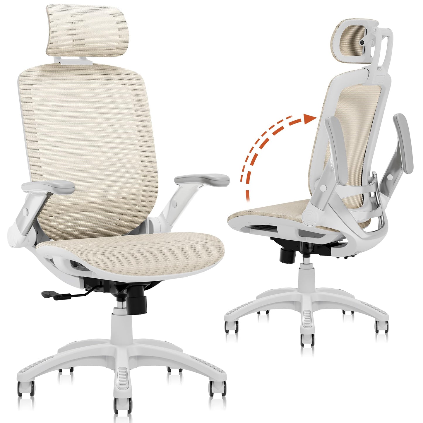 GABRYLLY Ergonomic Office Chair, High Back Mesh Desk Chair with Adjustable Headrest, Flip-Up Arms, Tilt Lock Function, Lumbar Support and Comfy Seat, Swivel Computer Task Chair